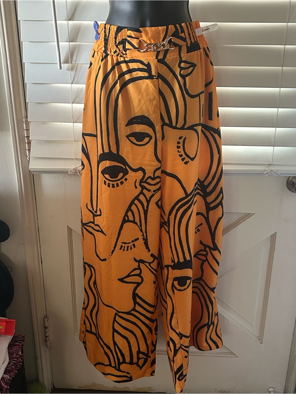 Bold Abstract Face Print Wide Leg Pants - Orange & Black